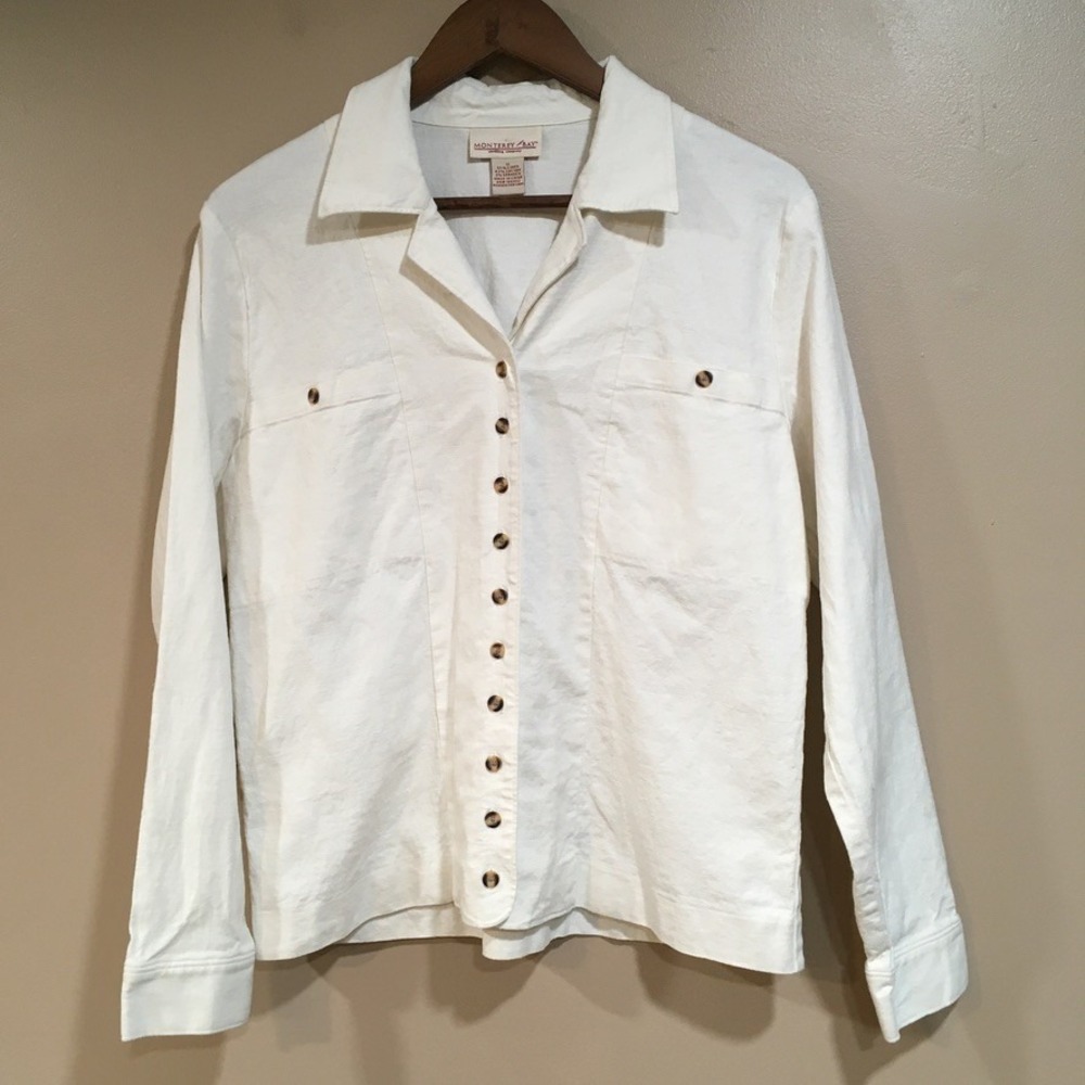 Monterey Bay Linen Blend Button Up Shirt Shacket Womens 12 Cream Coastal Classic